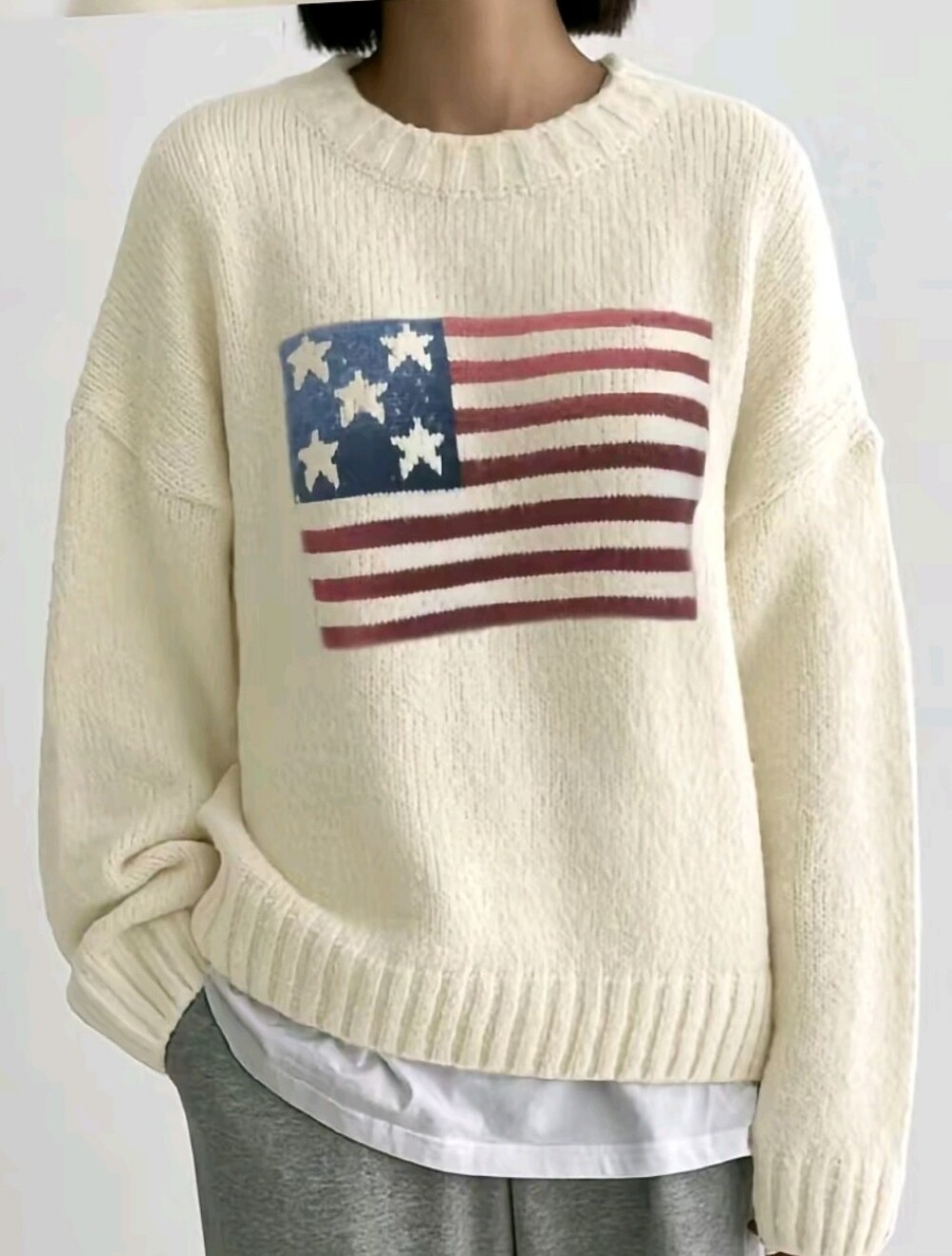 Cream Flag Graphic Crewneck Sweater - Red White & Blue Patriotic Sweater